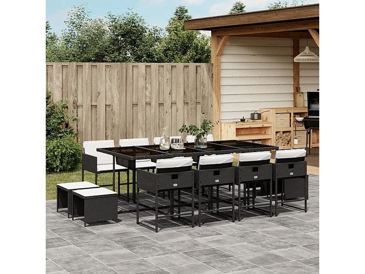 Ensemble à manger de jardin 13 pcs coussins noir résine tressée