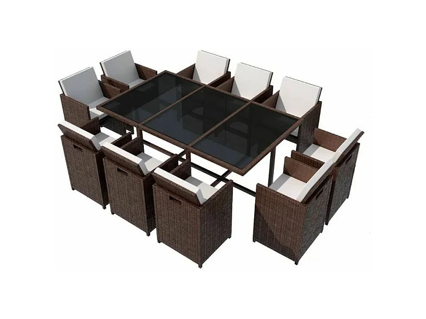 Table rectangulaire et 10 chaises de jardin résine tressée marron Iris