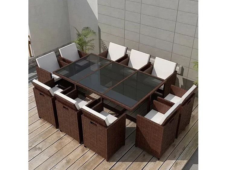 Table rectangulaire et 10 chaises de jardin résine tressée marron Iris