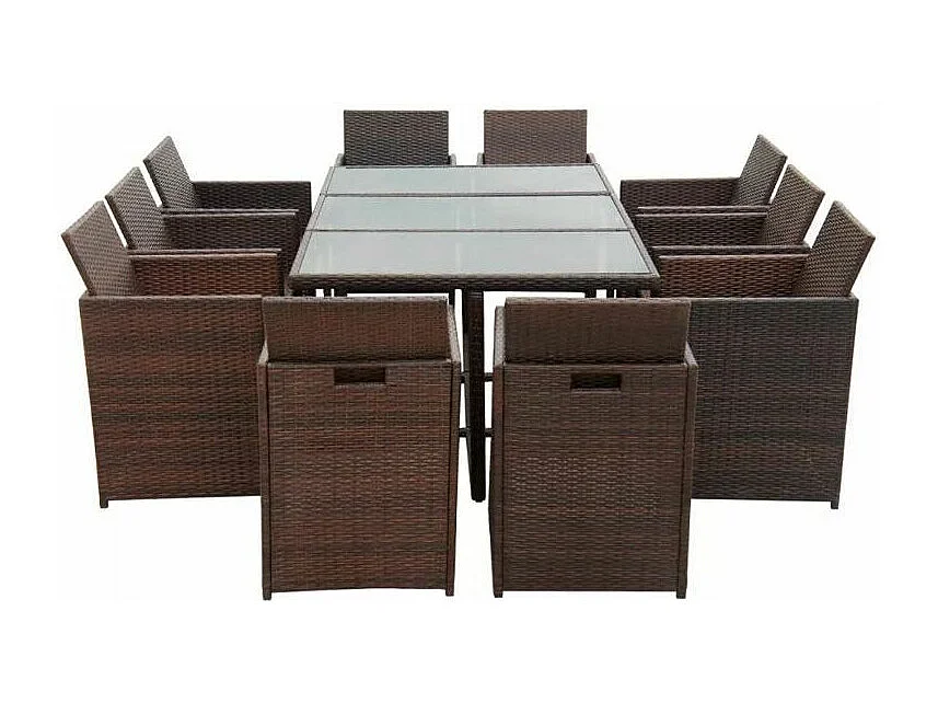 Table rectangulaire et 10 chaises de jardin résine tressée marron Iris