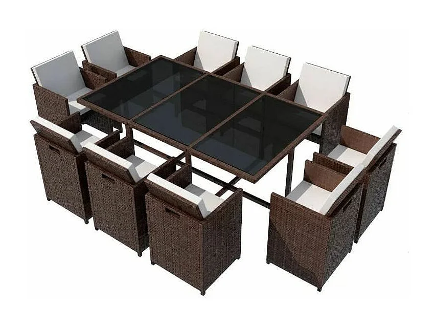 Table rectangulaire et 10 chaises de jardin résine tressée marron Iris