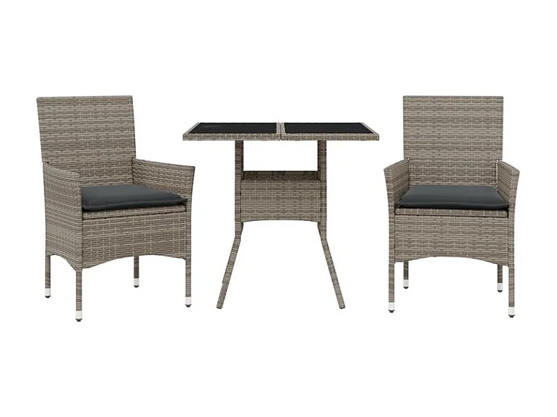 Ensemble à manger de jardin et coussins 3 pcs gris rotin verre