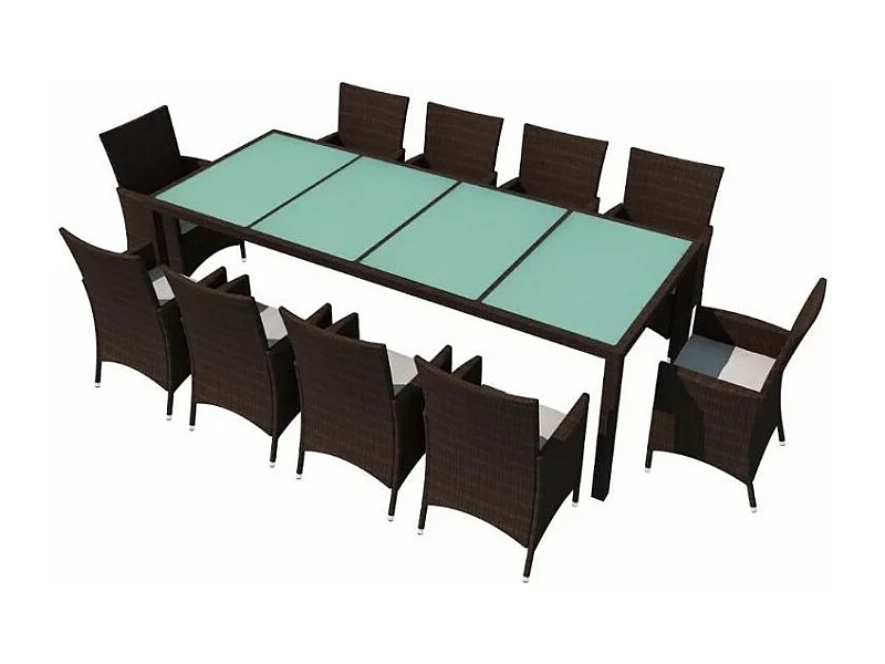 Table rectangulaire avec 10 chaises de jardin résine tressée marron Mik
