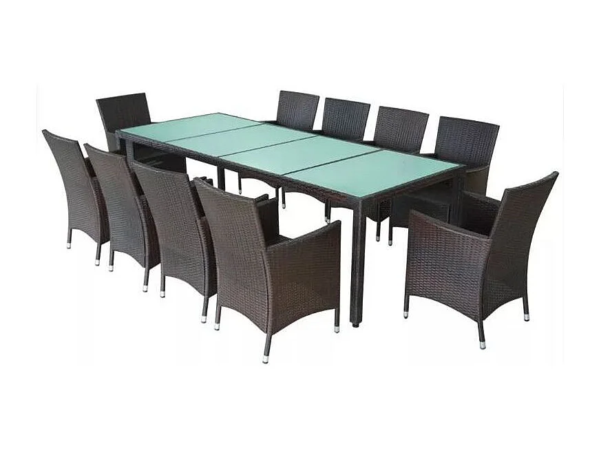 Table rectangulaire avec 10 chaises de jardin résine tressée marron Mik