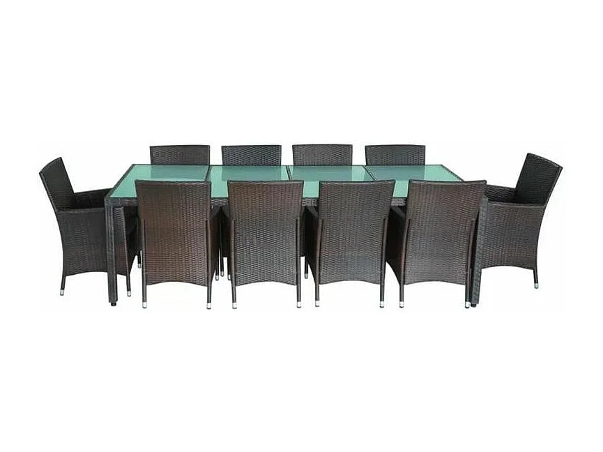 Table rectangulaire avec 10 chaises de jardin résine tressée marron Mik