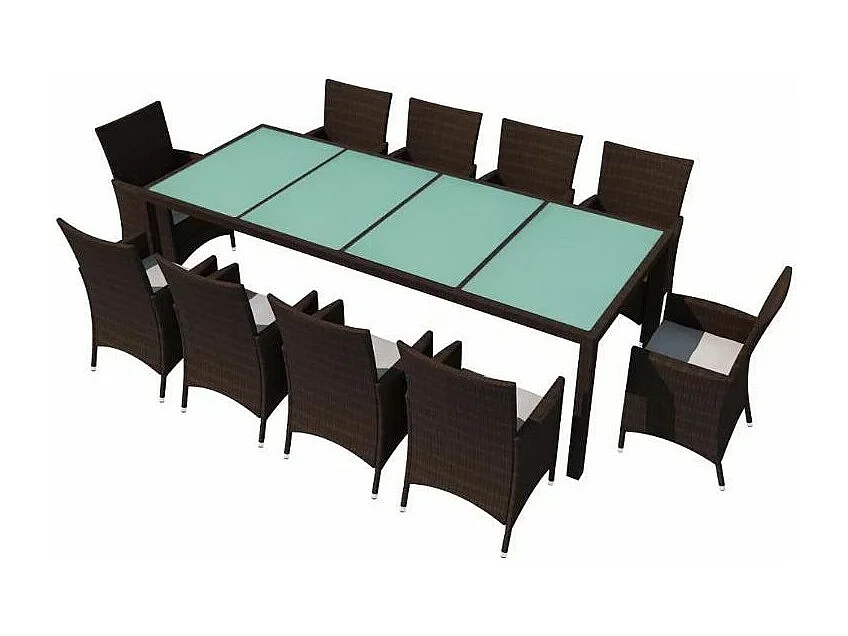 Table rectangulaire avec 10 chaises de jardin résine tressée marron Mik