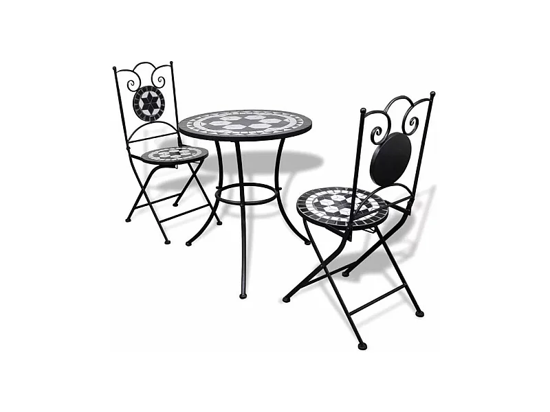 Table ronde et 2 chaises de jardin mosaïquées noir et blanc Mel