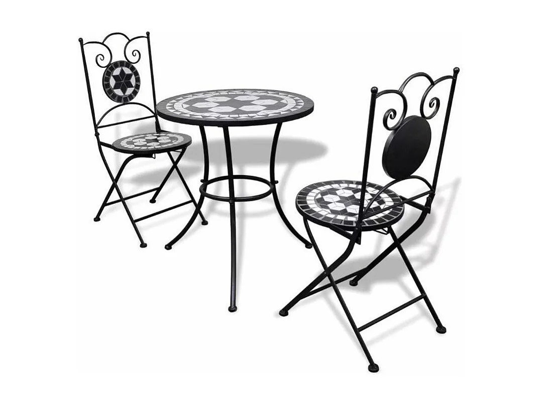 Table ronde et 2 chaises de jardin mosaïquées noir et blanc Mel