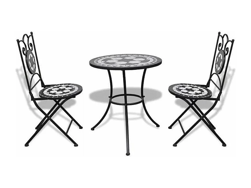Table ronde et 2 chaises de jardin mosaïquées noir et blanc Mel