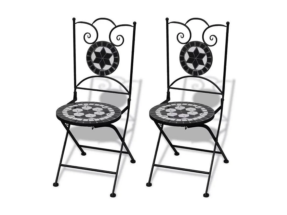 Table ronde et 2 chaises de jardin mosaïquées noir et blanc Mel