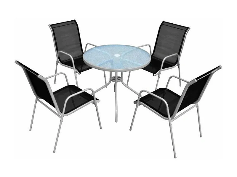 Table ronde et 4 chaises de jardin métal noir et blanc Castle
