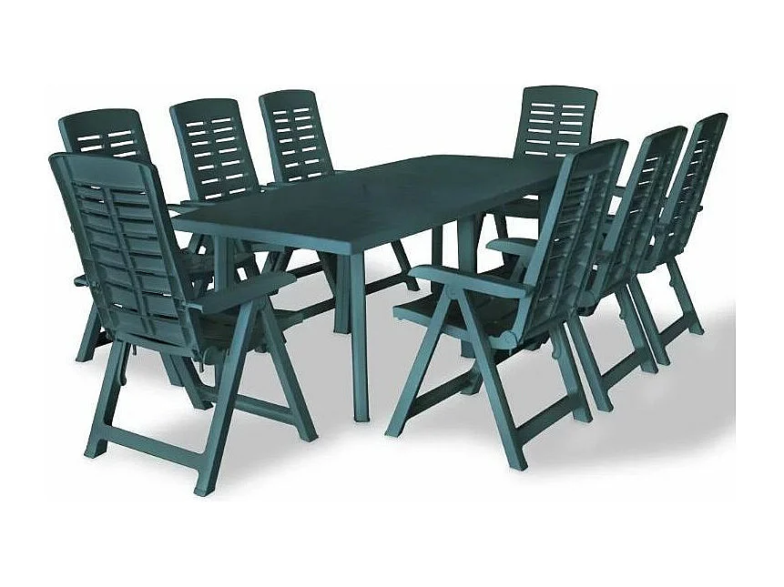 Table rectangulaire et 8 chaises de jardin plastique vert Camille