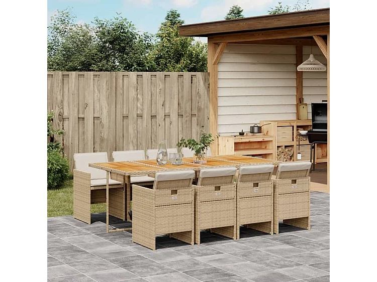 Ensemble à manger de jardin et coussins 9 pcs beige Poly rotin