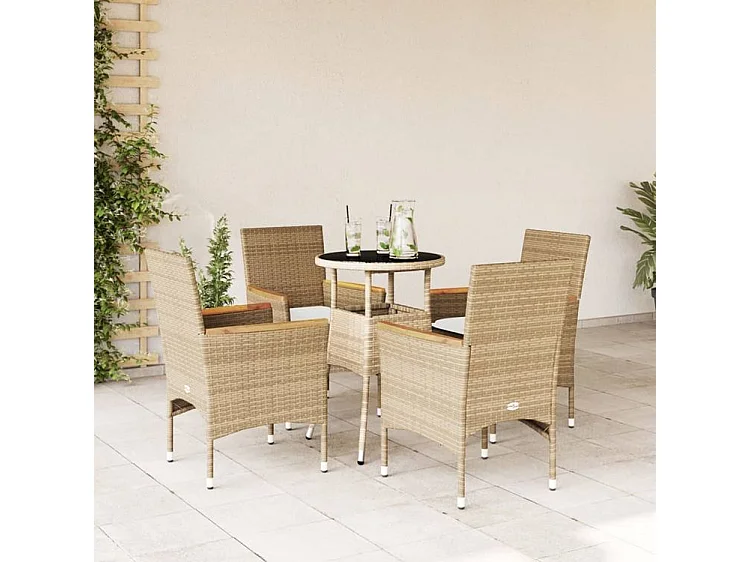 Ensemble à manger de jardin et coussins 5 pcs beige rotin verre