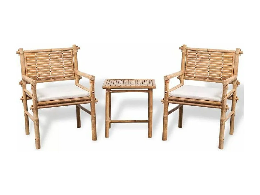 Salon de jardin 3 pièces bambou clair coussins blanc Kyca