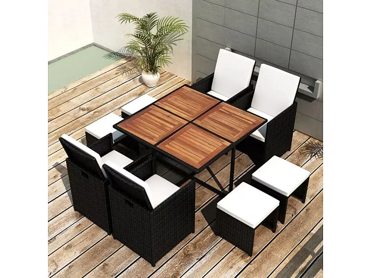 Table carrée et 4 chaises de jardin résine tressée noir Iris