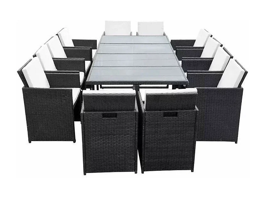 Table rectangulaire et 12 chaises de jardin résine tressée noir Iris 2