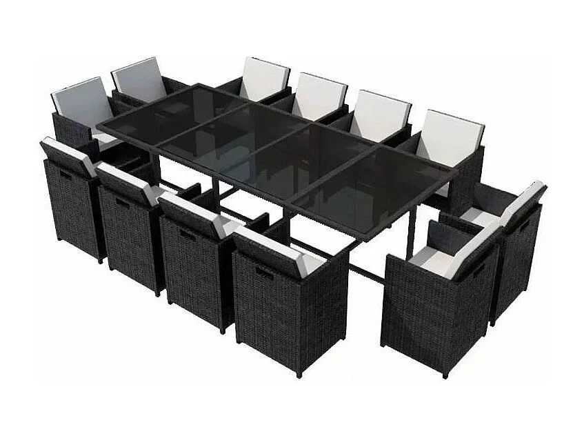 Table rectangulaire et 12 chaises de jardin résine tressée noir Iris 2