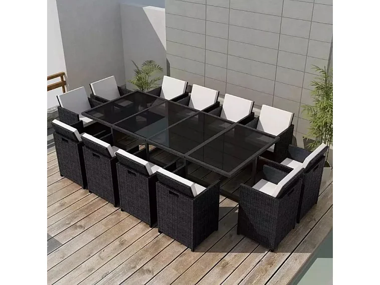 Table rectangulaire et 12 chaises de jardin résine tressée noir Iris 2