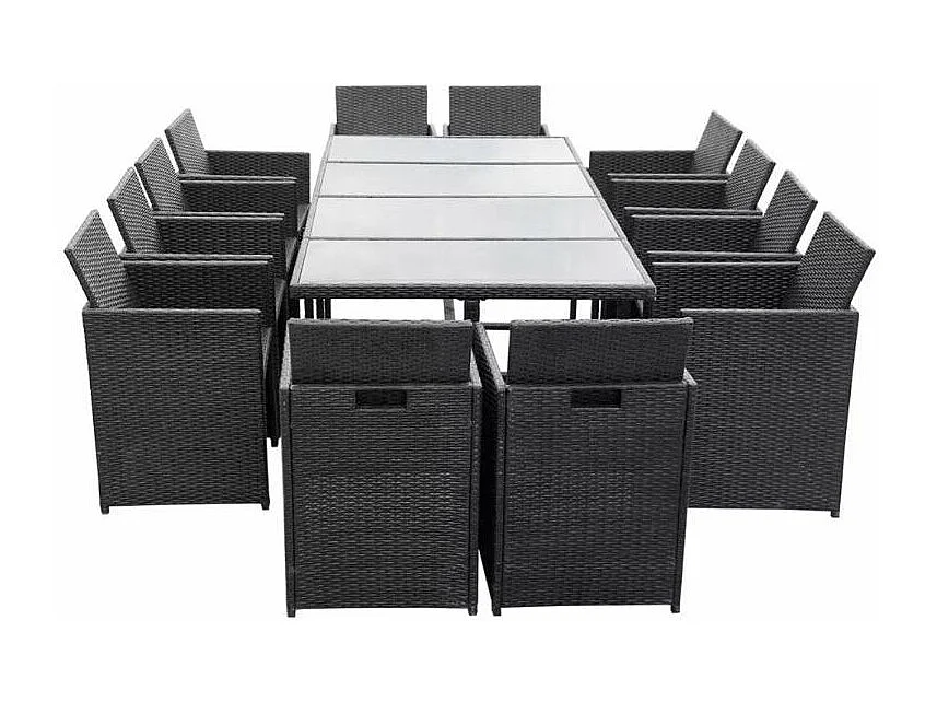 Table rectangulaire et 12 chaises de jardin résine tressée noir Iris 2