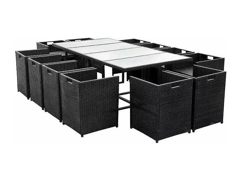 Table rectangulaire et 12 chaises de jardin résine tressée noir Iris 2