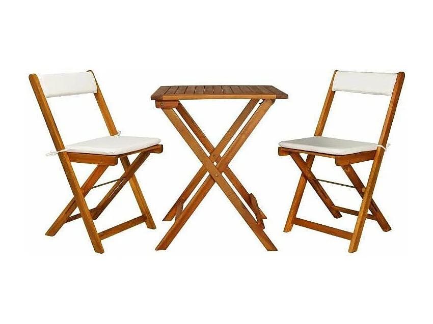 Table carrée et 2 chaises de jardin acacia clair et coussins blanc Polina