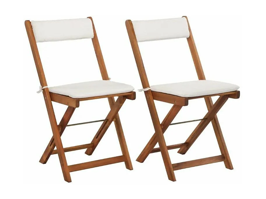 Table carrée et 2 chaises de jardin acacia clair et coussins blanc Polina