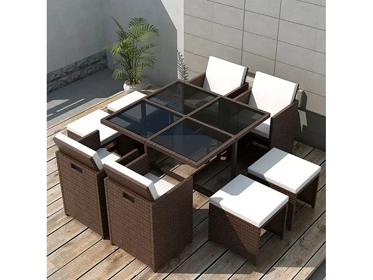 Table carrée et 4 chaises de jardin résine tressée marron Iris