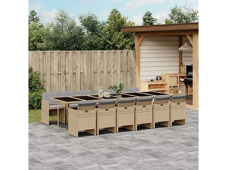 Ensemble à manger de jardin coussins 13 pcs mélange beige rotin