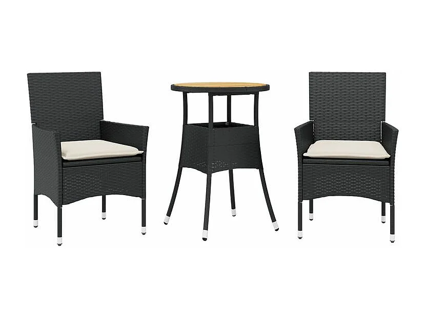 Ensemble à manger de jardin et coussins 3 pcs noir rotin acacia