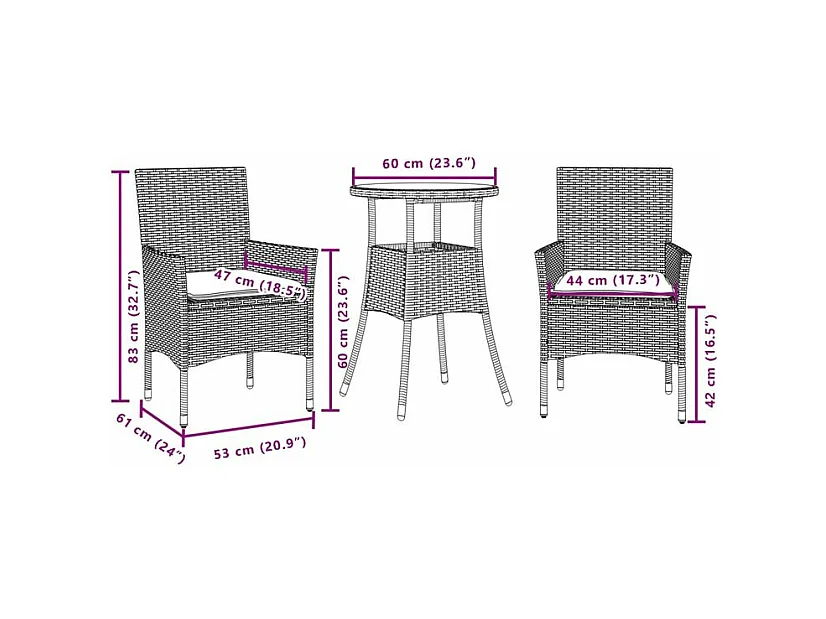 Ensemble à manger de jardin et coussins 3 pcs noir rotin acacia