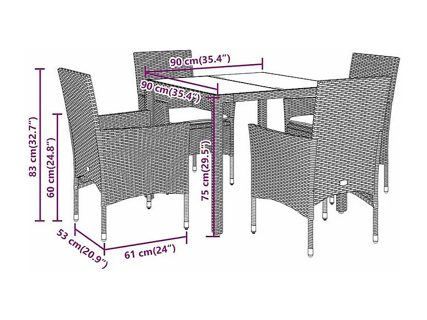 Ensemble à manger de jardin et coussins 5 pcs noir rotin verre