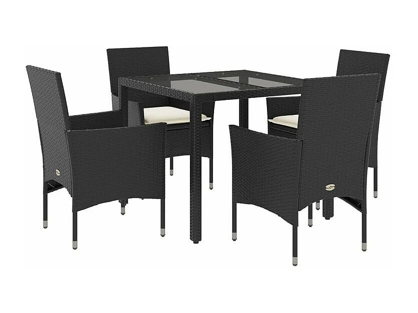 Ensemble à manger de jardin et coussins 5 pcs noir rotin verre