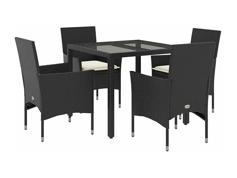 Ensemble à manger de jardin et coussins 5 pcs noir rotin verre