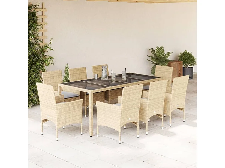 Ensemble à manger de jardin et coussins 9 pcs beige rotin verre