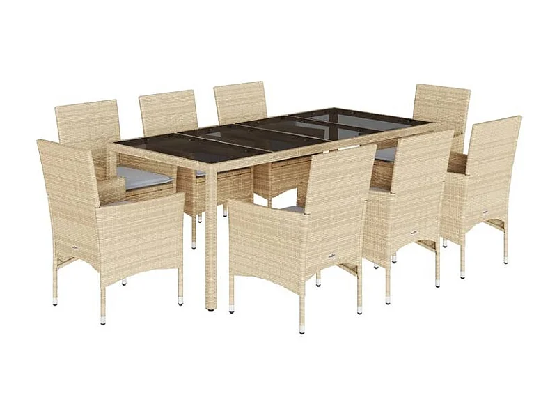 Ensemble à manger de jardin et coussins 9 pcs beige rotin verre