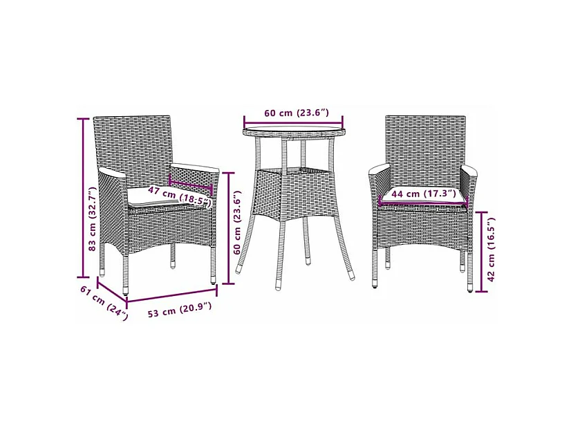 Ensemble à manger de jardin et coussins 3 pcs gris rotin verre