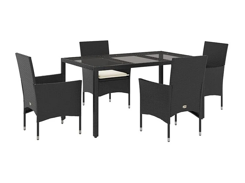 Ensemble à manger de jardin et coussins 5 pcs noir rotin verre