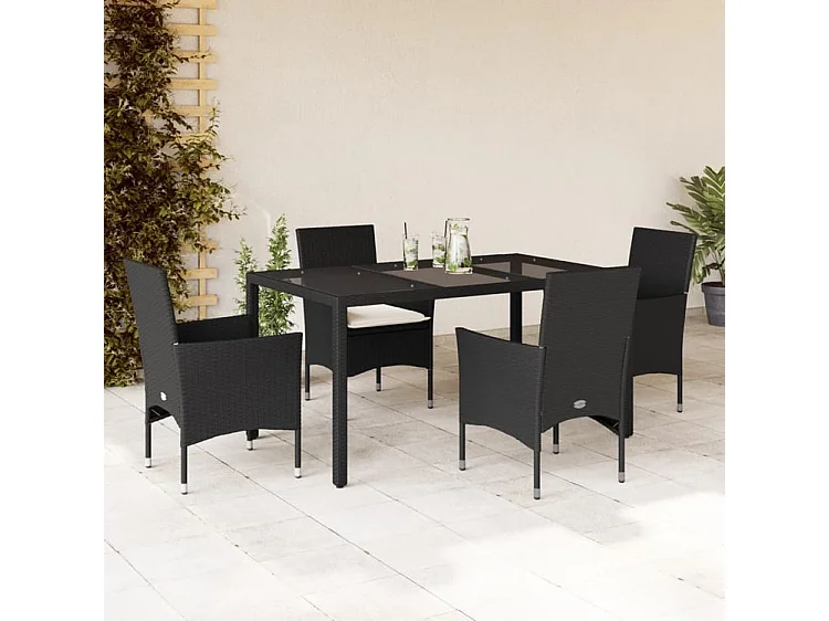 Ensemble à manger de jardin et coussins 5 pcs noir rotin verre