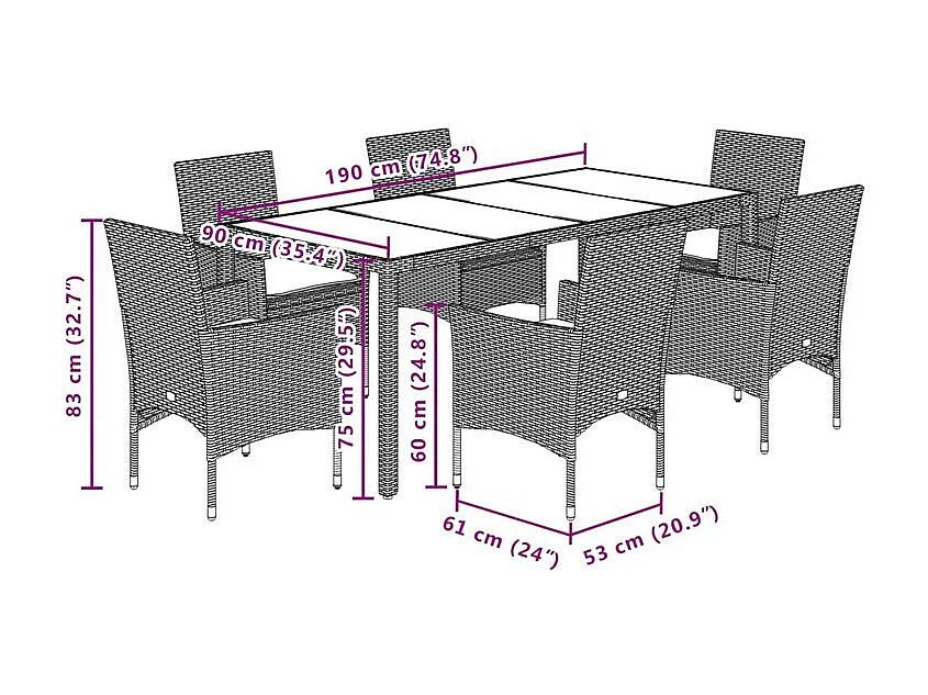 Ensemble à manger de jardin avec coussins 7 pcs rotin et verre