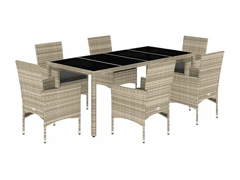 Ensemble à manger de jardin avec coussins 7 pcs rotin et verre
