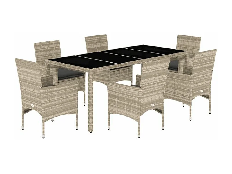 Ensemble à manger de jardin avec coussins 7 pcs rotin et verre