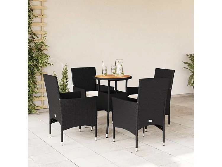 Ensemble à manger de jardin et coussins 5 pcs noir rotin acacia