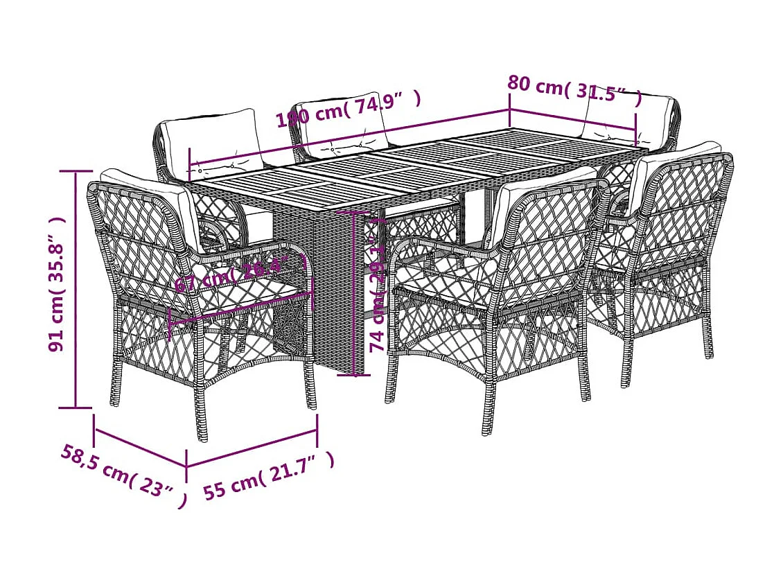 Ensemble à manger de jardin coussins 7pcs Noir Résine tressée