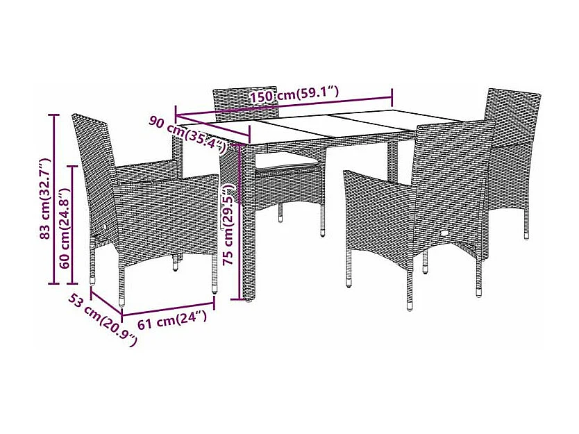 Ensemble à manger de jardin et coussins 5 pcs noir rotin verre