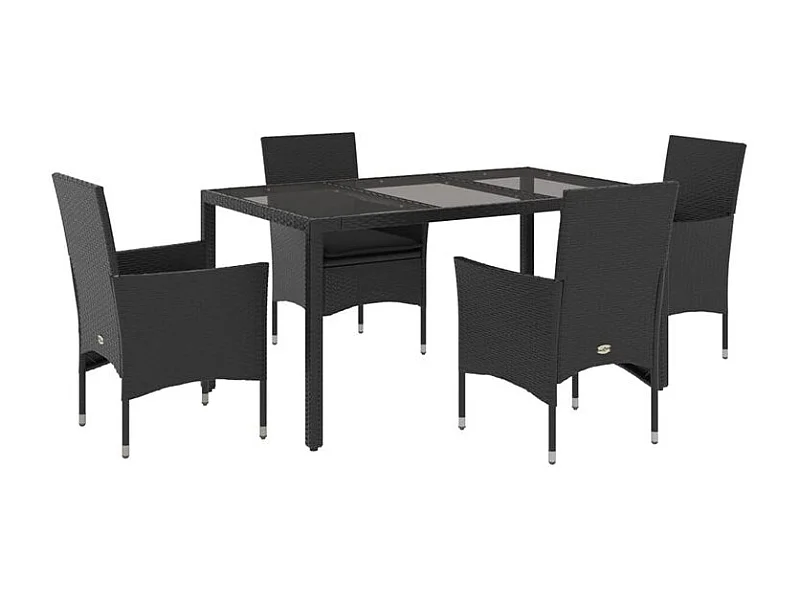 Ensemble à manger de jardin et coussins 5 pcs noir rotin verre