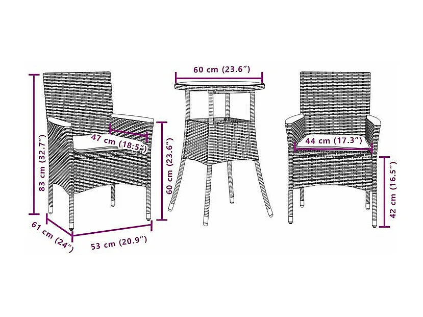 Ensemble à manger de jardin et coussins 3 pcs beige rotin verre
