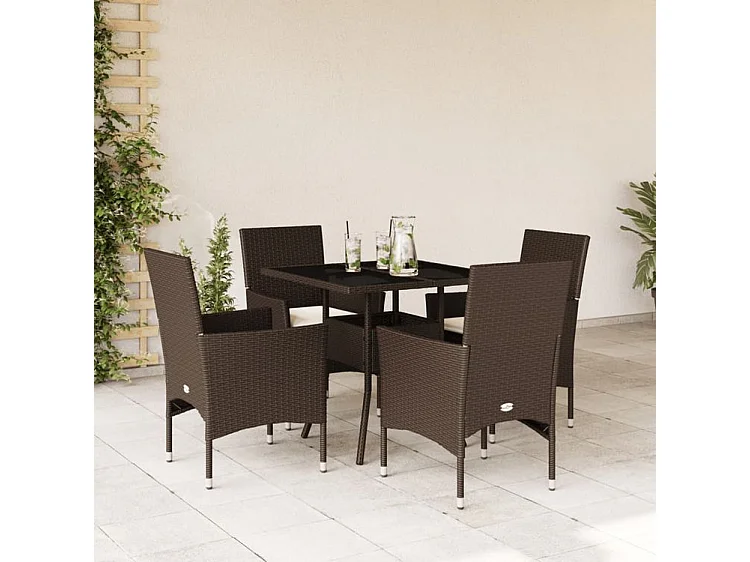 Ensemble à manger de jardin et coussins 5pcs marron rotin verre