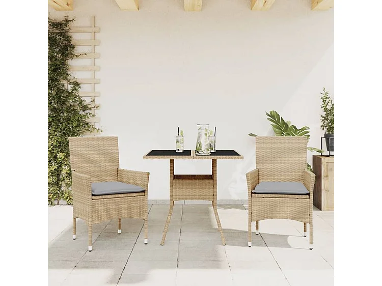 Ensemble à manger de jardin et coussins 3 pcs beige rotin verre