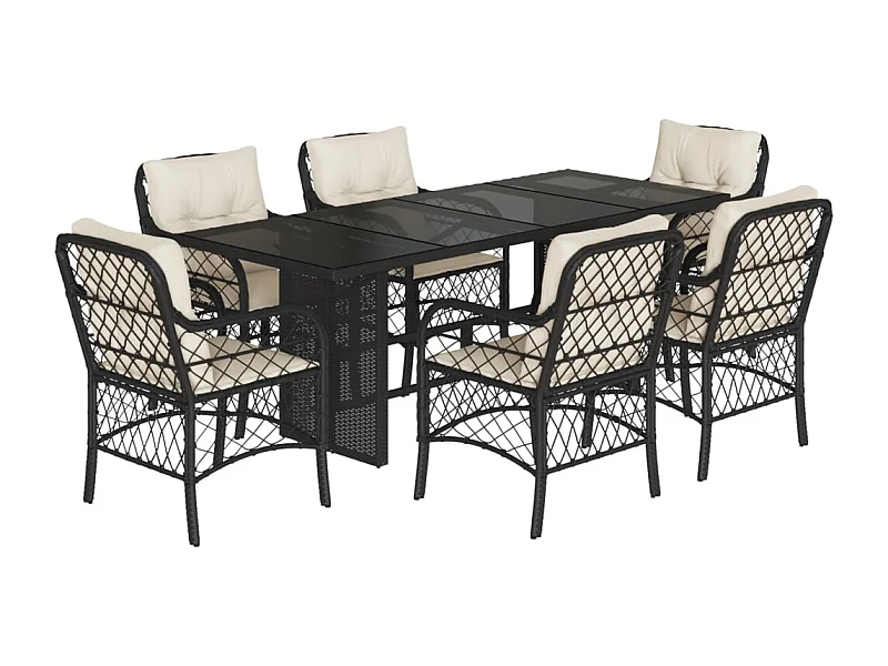 Ensemble à manger de jardin coussins 7pcs Noir Résine tressée